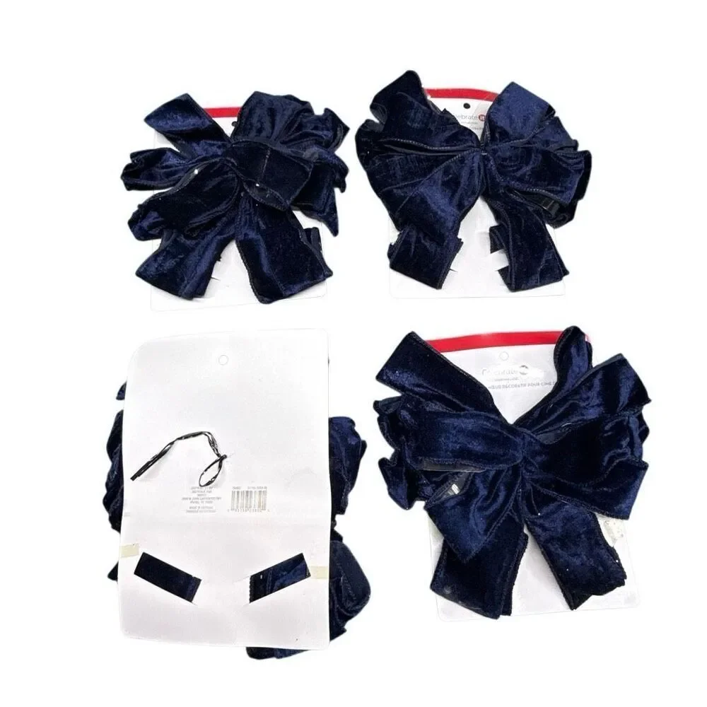 Set of 4 Celebrate It Navy Blue Velvet Bow Holiday Christmas Tree Topper NWOT